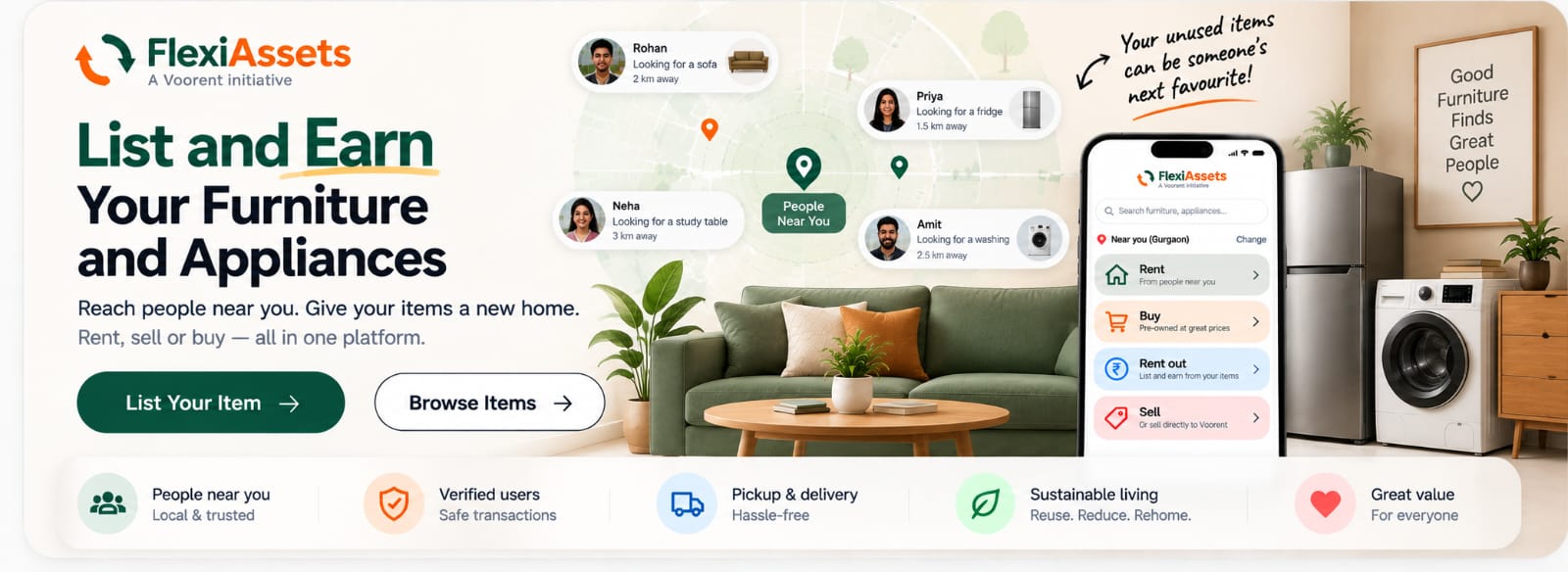 FlexiAssets, a Voorent initiative: list and earn from your furniture and appliances. Rent, sell or buy from people near you.